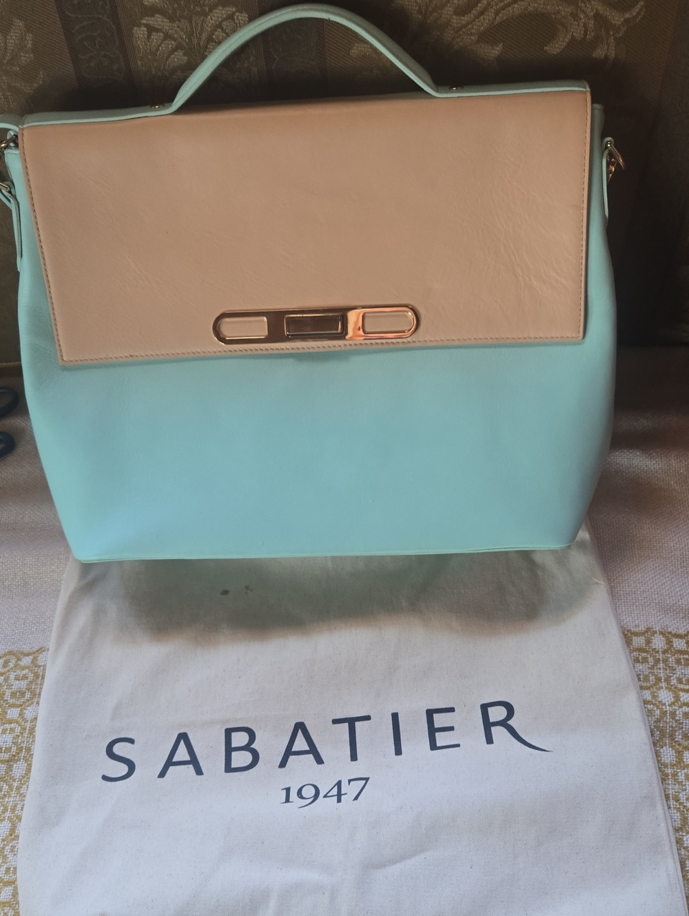 Two-Tone Mint and Beige Top-Handle Crossbody